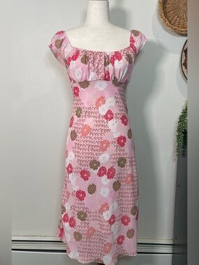 Y2K Vintage La Belle Pink Floral Fitted Dress Cap Sleeve Size Small